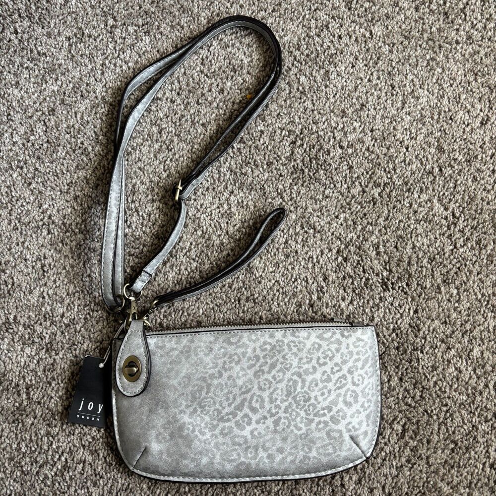 Joy Susan Gray Faux Soft Leather Mini Crossbody Wristlet Turn Lock Clutch